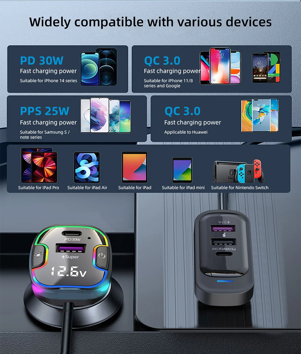 Cargador de Auto PD30W 5 Puertos con USB-C y Extensión para Asientos Traseros