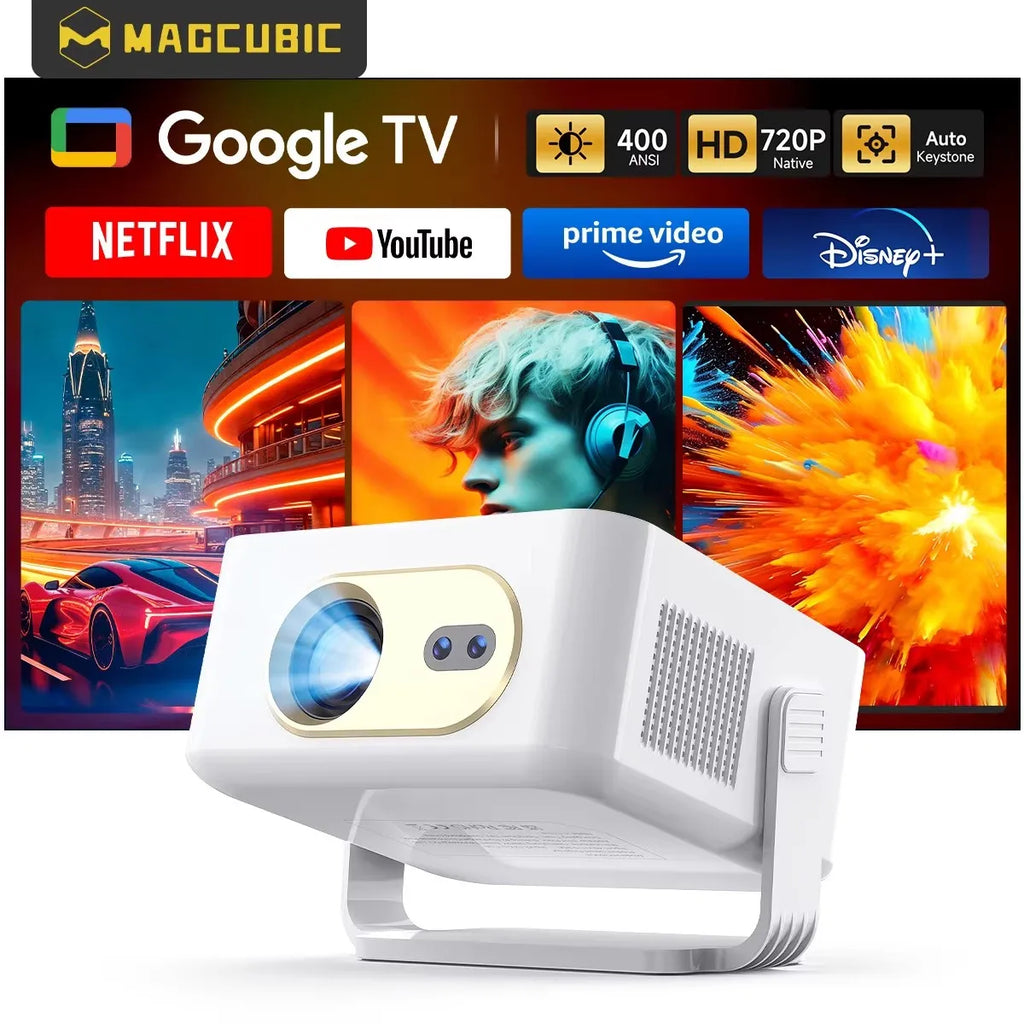 Proyector Magcubic HY300GT con Licencia Oficial de Google TV, Proyector Inteligente HD con Enfoque Automático, 400 ANSI Lúmenes, Android para Cine en Casa
