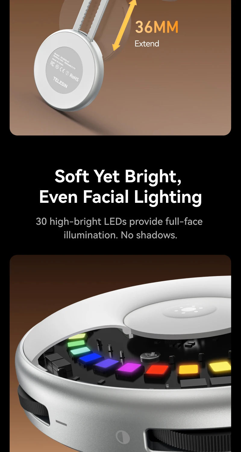 TELESIN Magnético 360 °   Mini Lámpara de Relleno RGB Giratoria, Luz para Selfies con 3 Modos de Color y Brillo Ajustables para Teléfonos Inteligentes iPhone y Android
