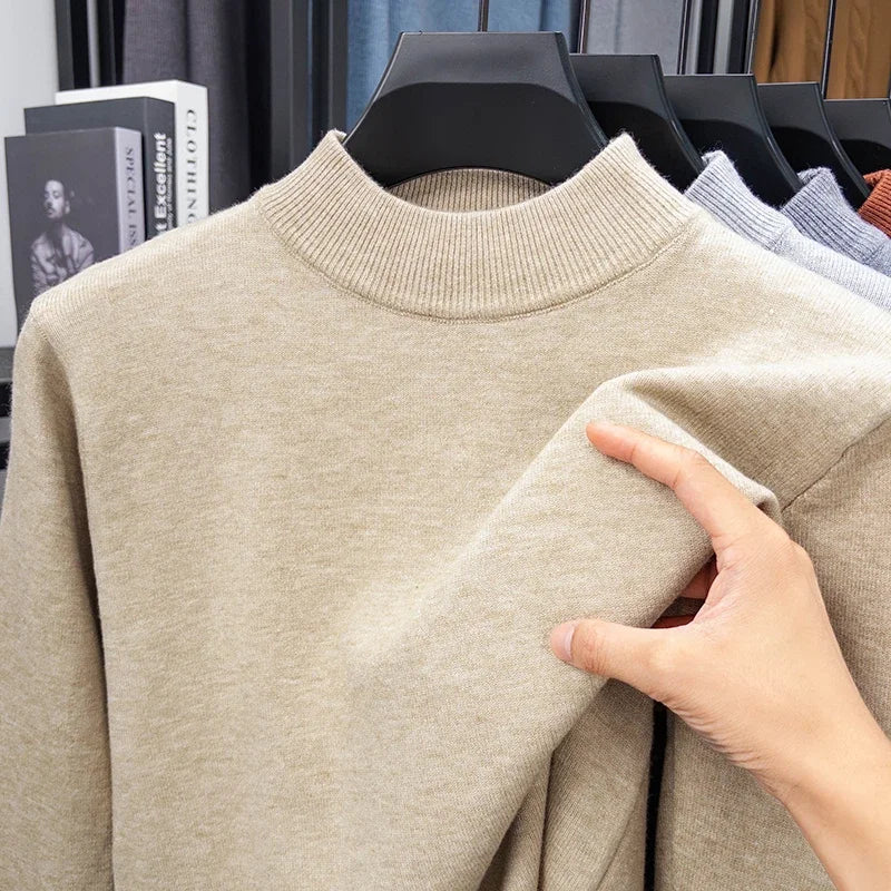 Suéter de punto de medio cuello alto para hombre, jersey de Color sólido con cuello simulado, sudadera informal de Otoño/Invierno, ropa de marca para hombre
