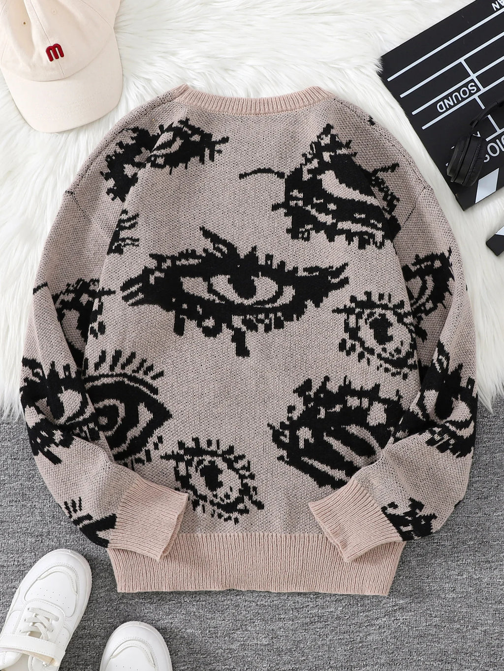 Nuevo Jersey Popular de otoño e invierno con diseño de Jacquard de ojos abstractos, suéter informal de punto con cuello redondo para hombre