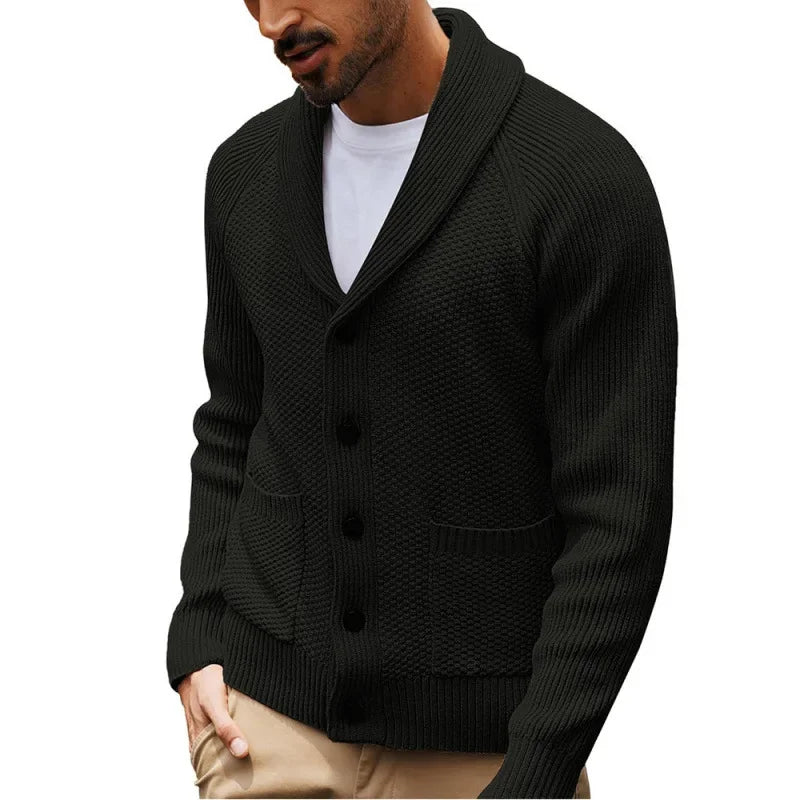 2025 Jersey nuevo de punto para hombre, cárdigan de manga larga con cuello abotonado y bolsillo, suéter informal de invierno para hombre