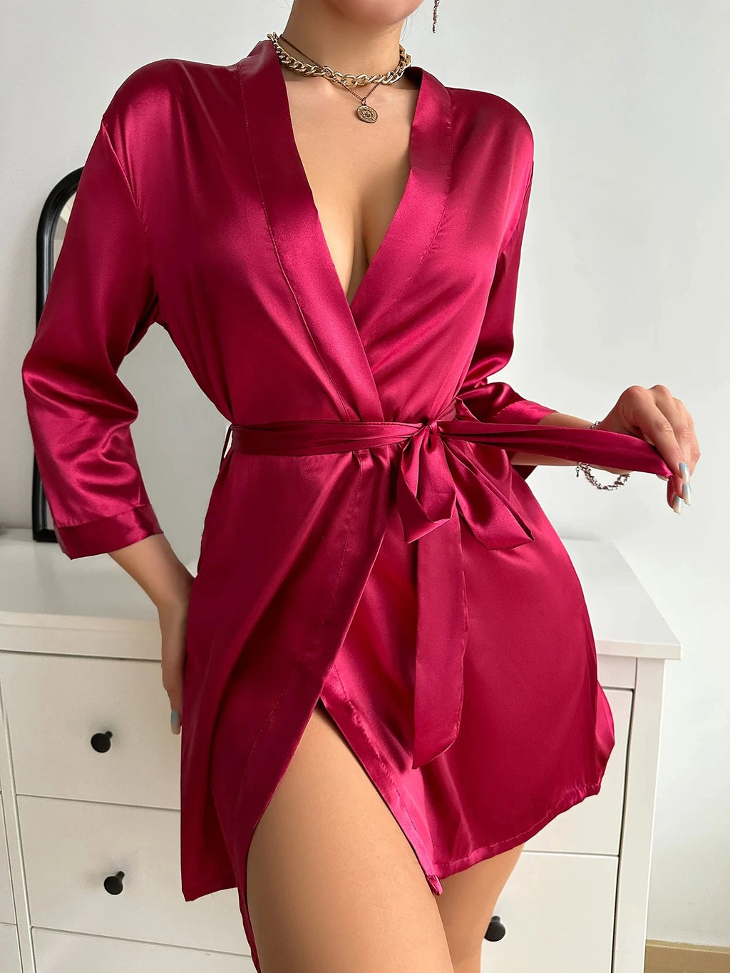 Bata de Seda Helada para Mujer - Pijama de Verano con Cordones
