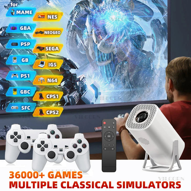 Mini Proyector Consola de Videojuegos 36000 Juegos con Android 11 Video 1080P Proyector para Interiores y Exteriores