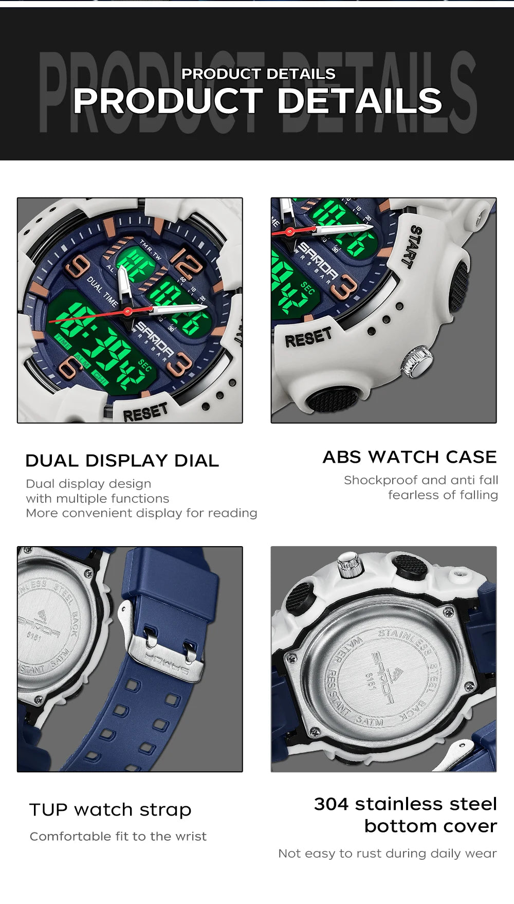 Reloj Digital Deportivo SANDA Pantalla Dual Resistente al Agua 5 Bar