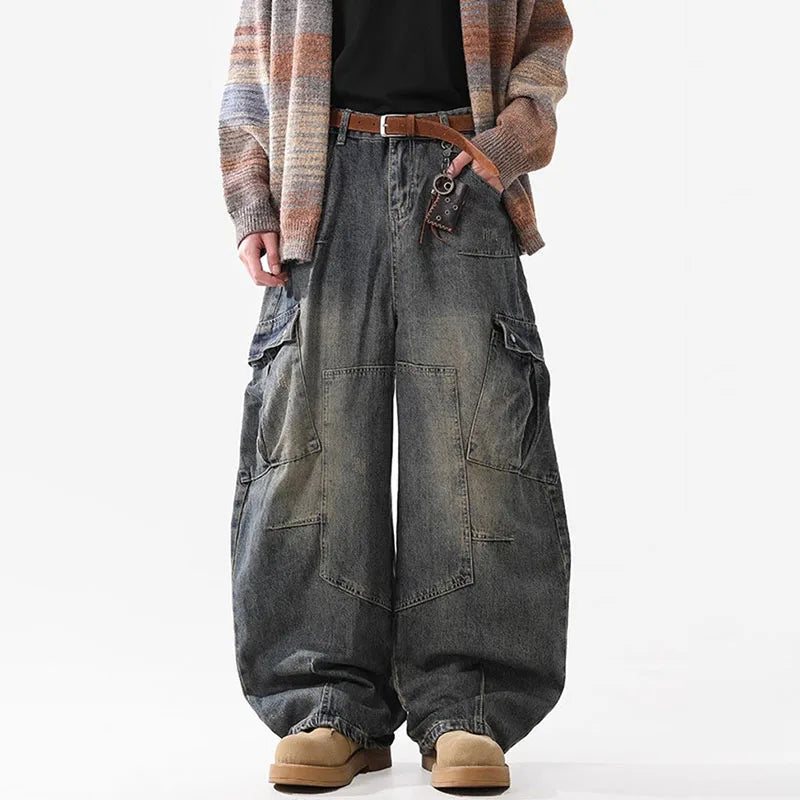 Pantalones Vaqueros Retro de Múltiples Bolsillos para Hombre, Pierna Ancha