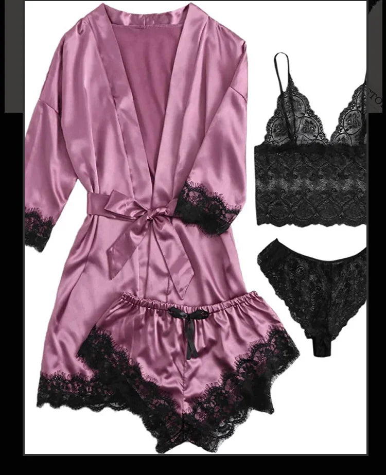 4 piezas ropa de dormir para mujer pijamas Ser con bata lencería de encaje Sexy Albornoz satén de seda ropa de dormir para el hogar bata