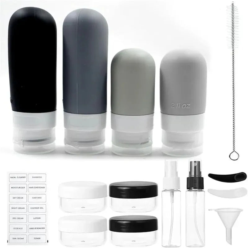 Juego de 17 Botellas de Viaje de Silicona, Envases de Aseo a Prueba de Fugas para Champú, Acondicionador, Cosméticos, Kit de Accesorios Recargables