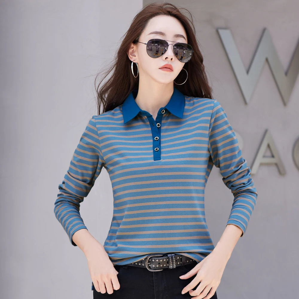 Polo de Algodón de Manga Larga a Rayas para Mujer