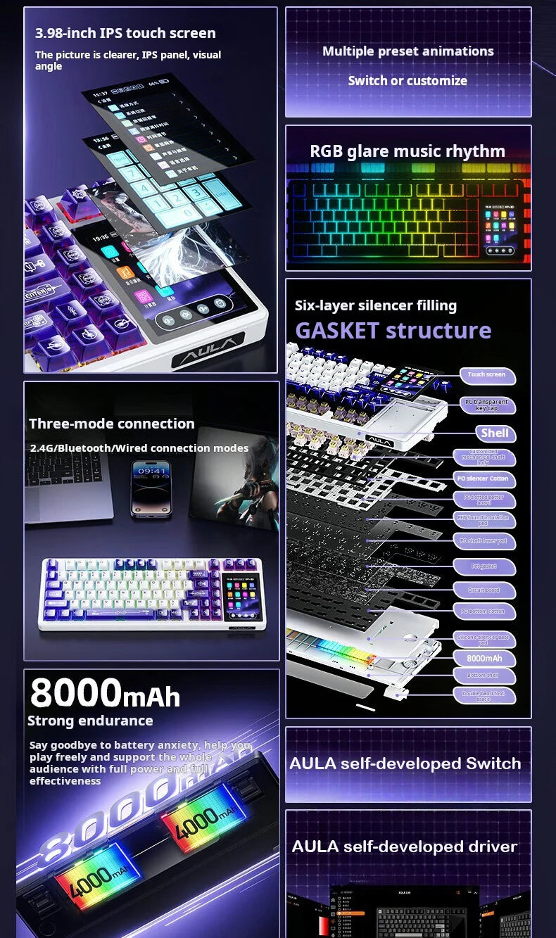 Teclado Mecánico AULA L99 con Pantalla Inteligente, Inalámbrico Bluetooth, Estructura Gasket, Teclado para Juegos con Iluminación RGB y Visión Nocturna