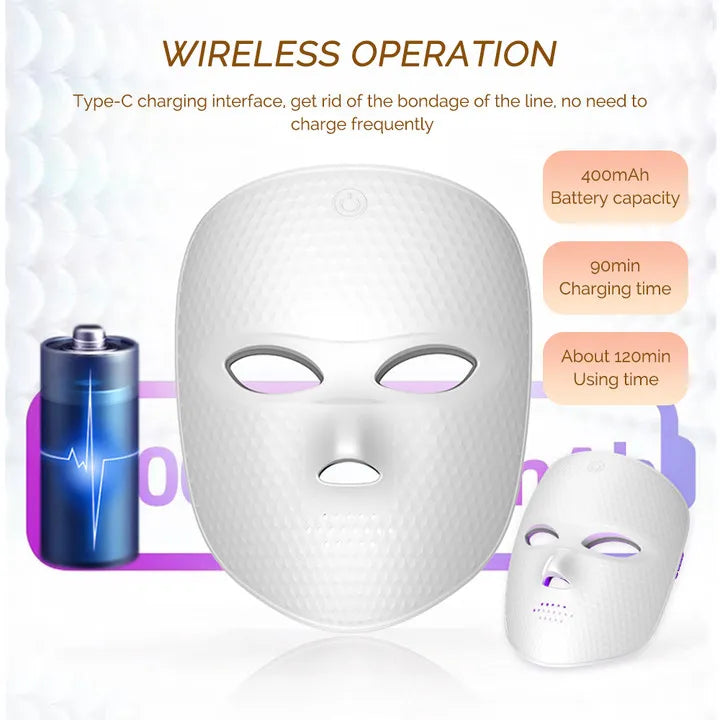 Máscara LED inalámbrica, máscara facial LED de 7 colores, máquina de máscara de belleza para rejuvenecimiento antienvejecimiento reafirmante de la piel con fotones