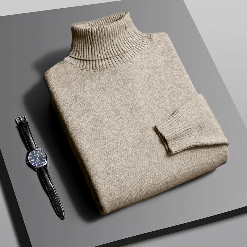 Otoño para hombre de alta calidad de punto suéter de cuello alto ajustado de manga larga anti-pilling jersey Color sólido tendencia hombres Streetwea
