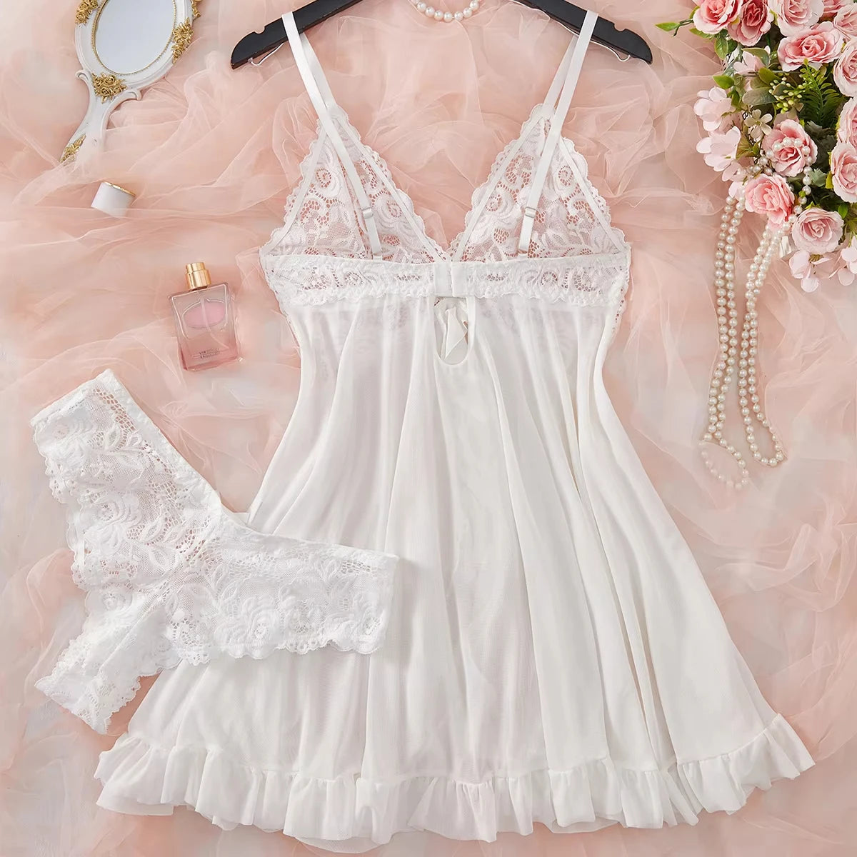 Conjunto de 2 Piezas de Camisón de Encaje para Mujer, Ropa de Dormir Elegante, Nuevo Pijama Verde Nocturno, Camisón Transparente con Abertura, Conjunto de Brasier y Panty con Cuello en V