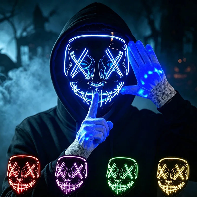 Máscara LED inalámbrica de neón y guantes de fibra óptica, máscara brillante en la oscuridad para Halloween, carnaval, cosplay, bar, fiesta de cumpleaños