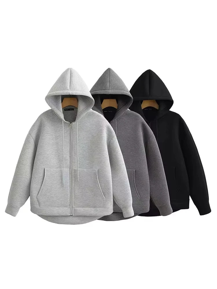 HH Otoño Invierno mujer cremallera Sudadera con capucha abrigo High Street bolsillos dobles chaqueta de gran tamaño sudaderas sueltas prendas de vestir exteriores Top