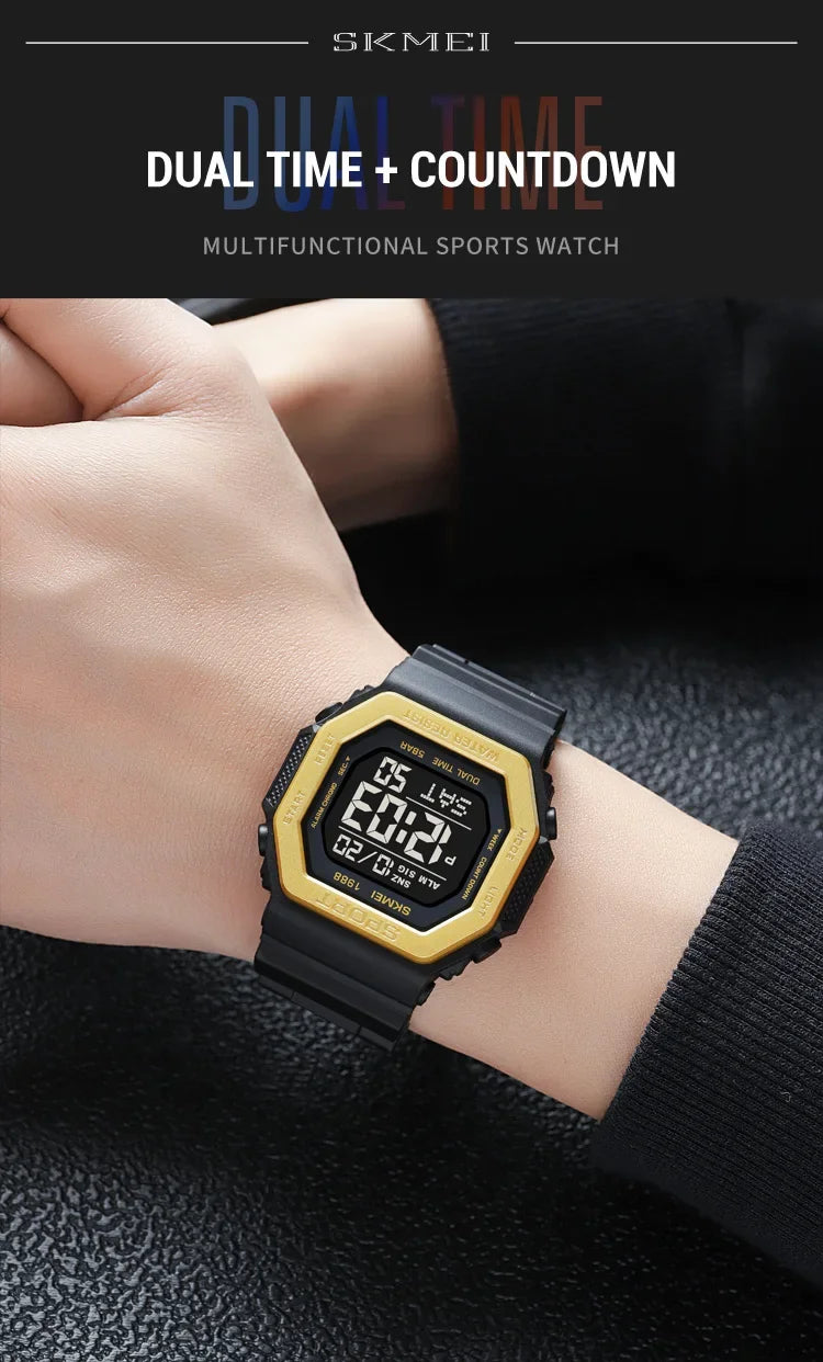 Reloj deportivo Digital SKMEI 1988 para Hombre, pantalla LED, relojes de pulsera militares con cuenta atrás, Reloj impermeable para Hombre 1628