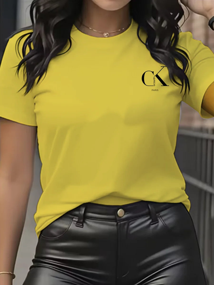 Camiseta con Estampado de Dibujos Animados y Letras Cuello Redondo