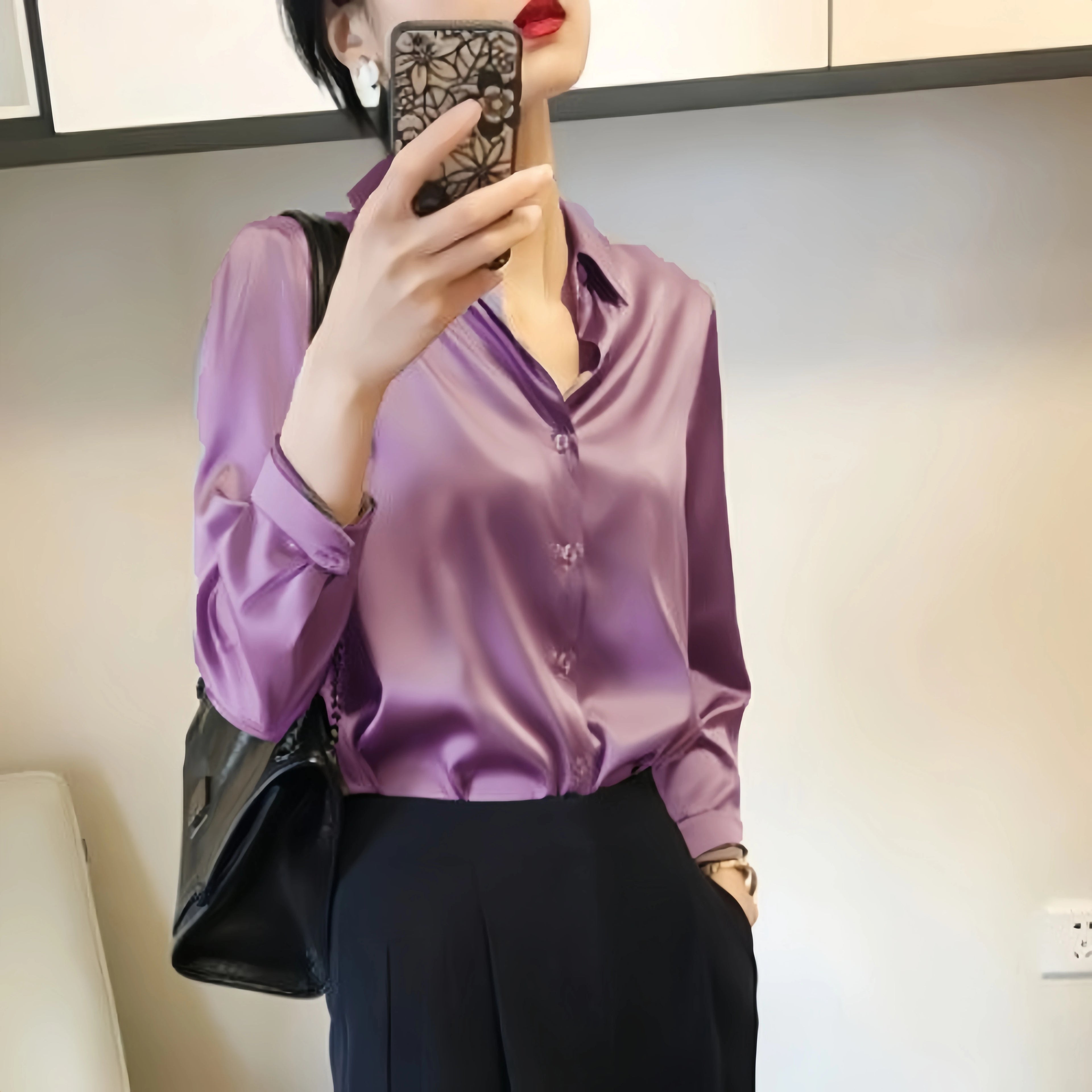 Camisa Satinada de Manga Larga para Mujer, Estilo Elegante