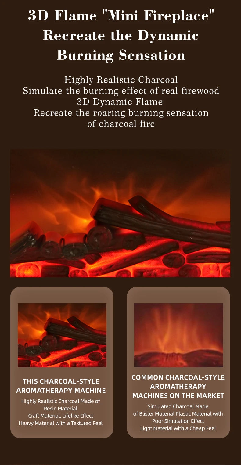 Difusor de aroma para chimenea con luz ambiental de llama, protección de apagado sin agua, salida de niebla fina y grande, humidificación silenciosa
