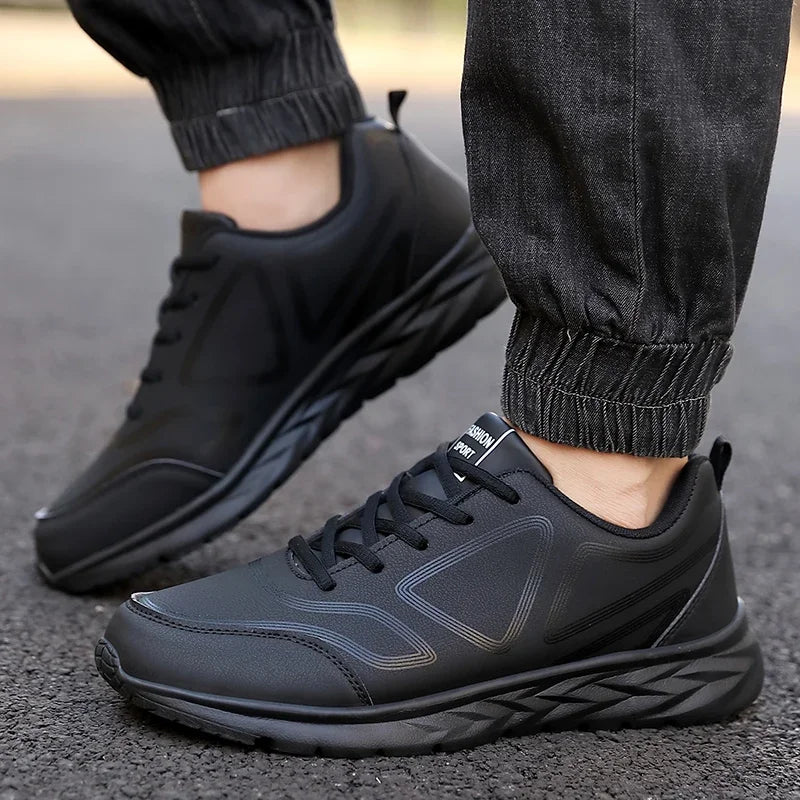 YRZL-Zapatillas deportivas impermeables de cuero para hombre, zapatos deportivos cómodos para caminar, resistentes al desgaste, color negro