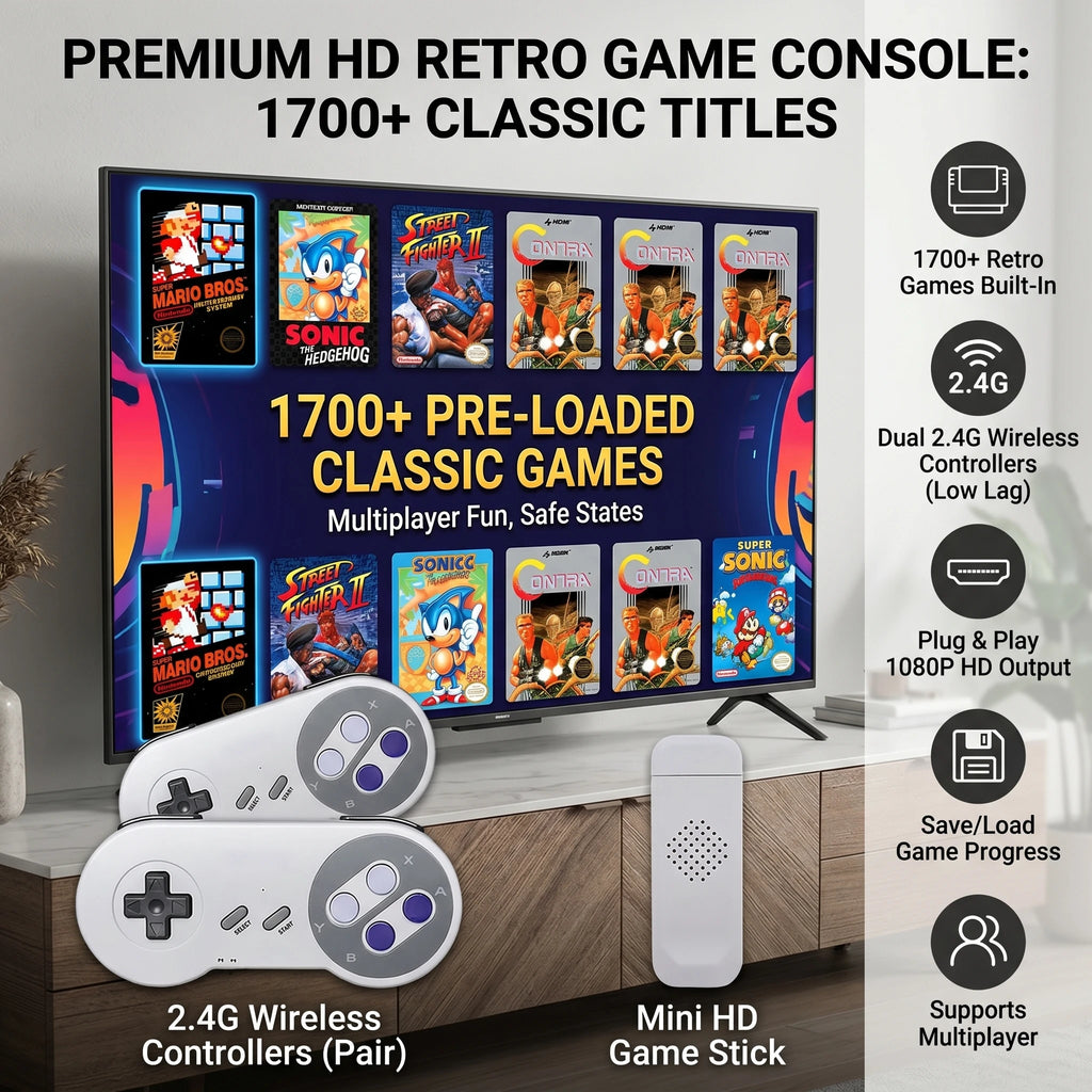 Consola de Videojuegos Retro SF900 1080P HD, Consola de Juegos para TV con Más de 5000 Juegos Clásicos de SNES, 2 Controles Inalámbricos, Plug and Play, Juegos para el Hogar
