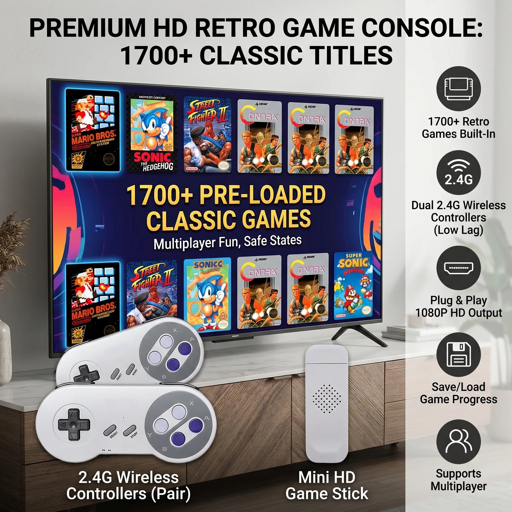 Consola de Videojuegos Retro SF900 1080P HD, Consola de Juegos para TV con Más de 5000 Juegos Clásicos de SNES, 2 Controles Inalámbricos, Plug and Play, Juegos para el Hogar