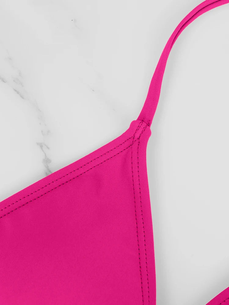 Conjunto de Bikini de 2 Piezas para Mujer, Traje de Baño Sexy de Color Rojo Rosa, con Tirantes Cruzados en la Espalda