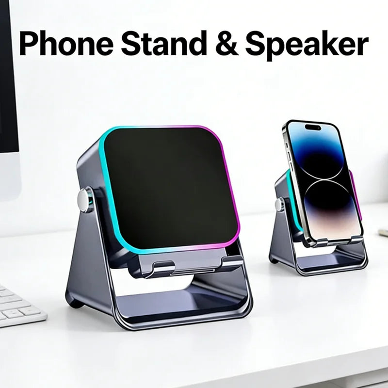 Altavoz inalámbrico de inducción automática 5 en 1, soporte portátil para teléfono con Bluetooth, soporte para teléfono con luz RGB de 8 modos, sonido envolvente