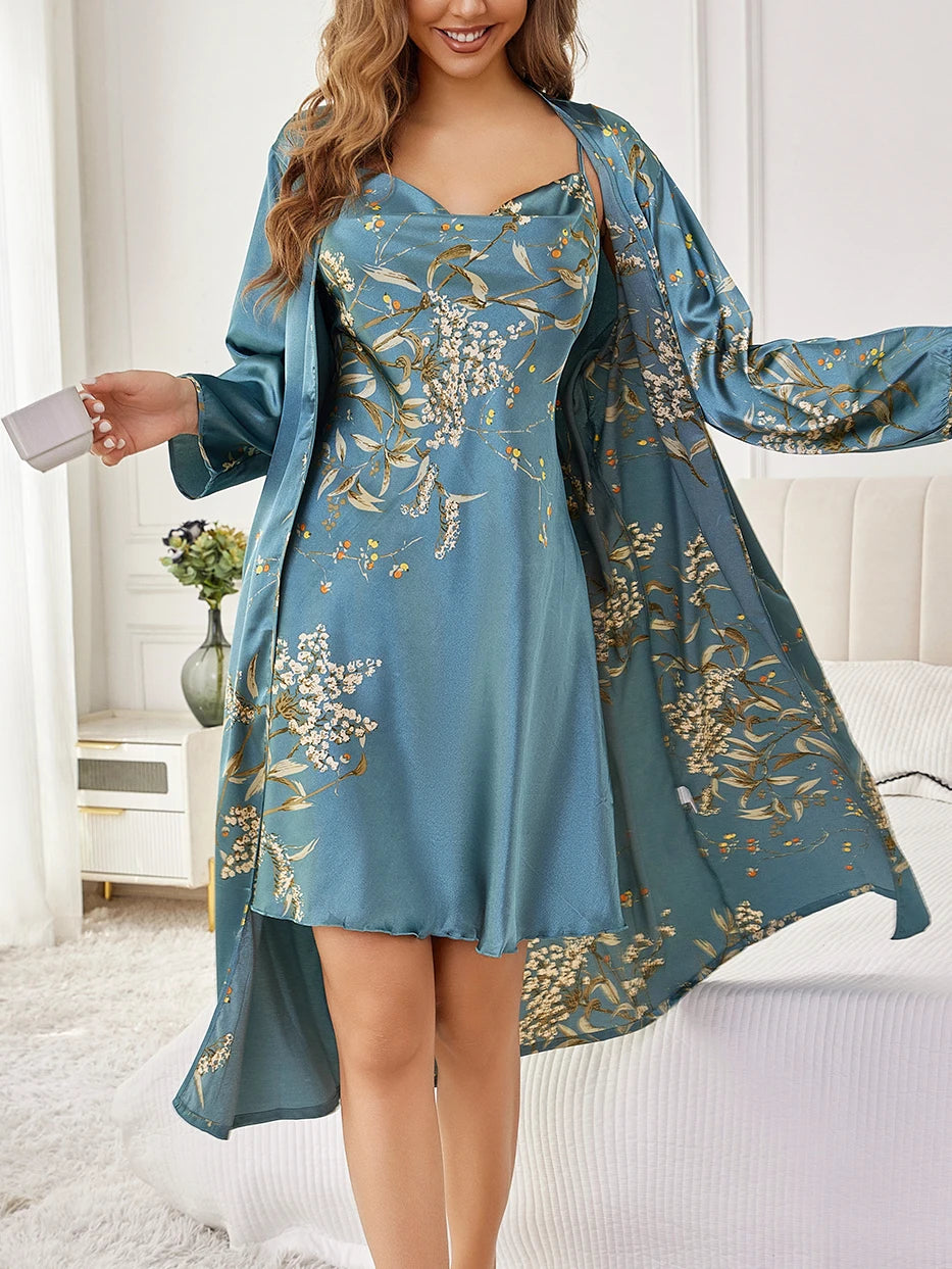 Conjunto Bata y Camisón Floral de Dos Piezas | Ropa de Descanso Elegante