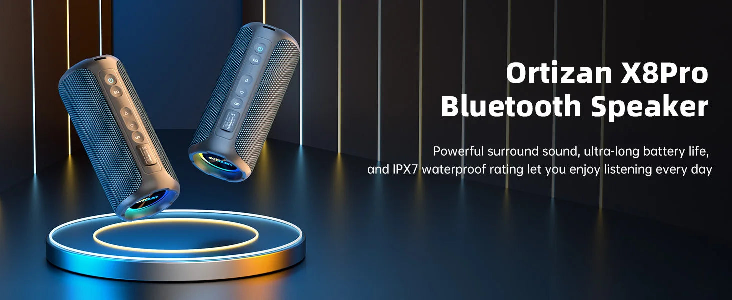 Altavoces Bluetooth Ortizan, altavoz estéreo inalámbrico portátil - IPX7 resistente al agua, sonido fuerte, graves profundos, luz LED, Bluetooth 5.3