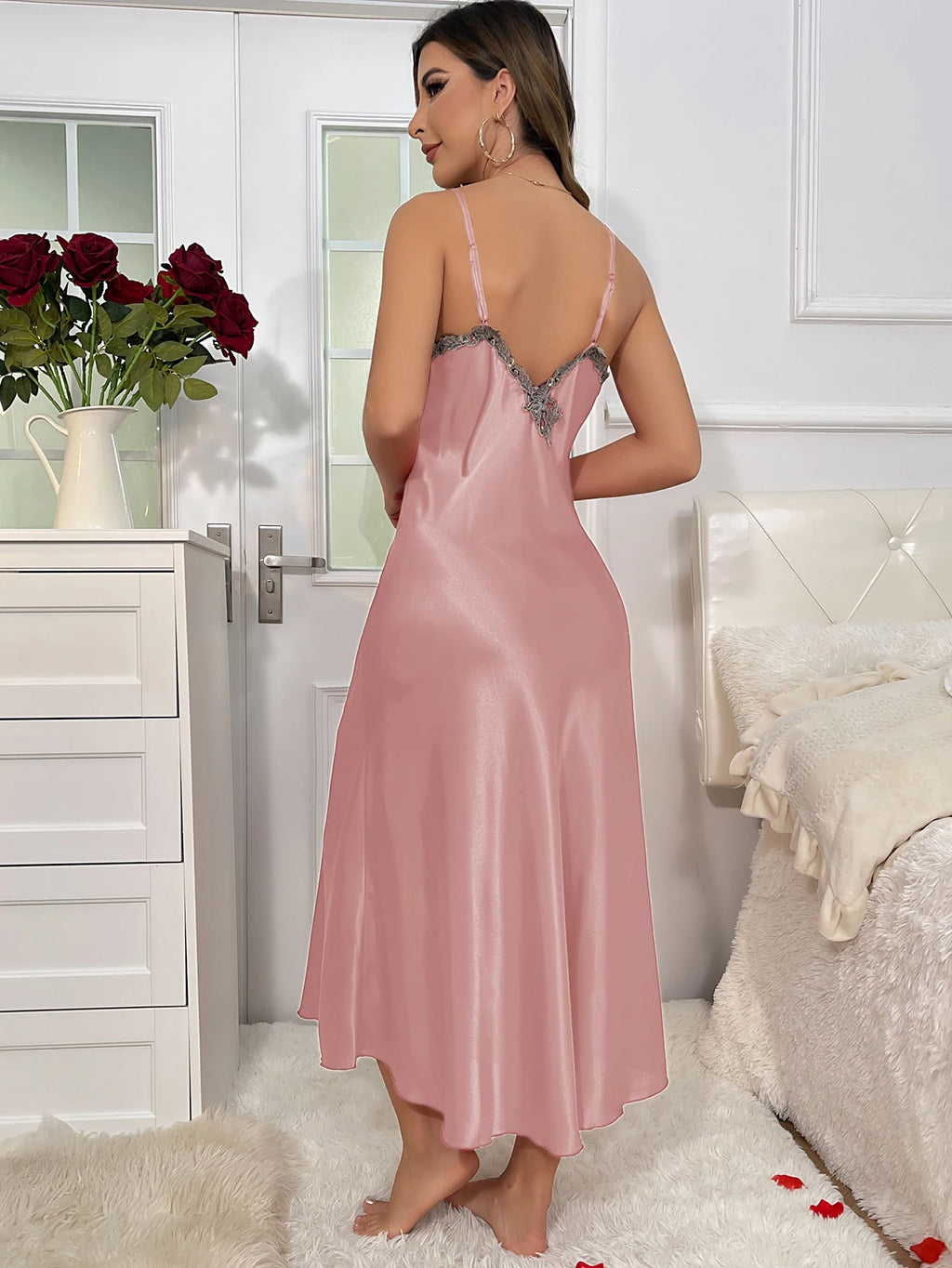 2cs Contraste de encaje de manga larga con cinturón bata con cuello en V vestido deslizante Sexy elegante conjuntos de pijamas para mujer
