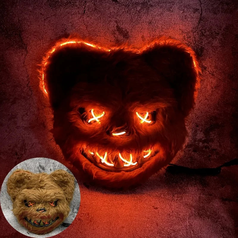 Máscara luminosa de animales con luz LED, disfraz de Halloween, fiesta de carnaval, maquillaje, máscara facial, accesorios para sombreros de piel de felpa de animales aterradores