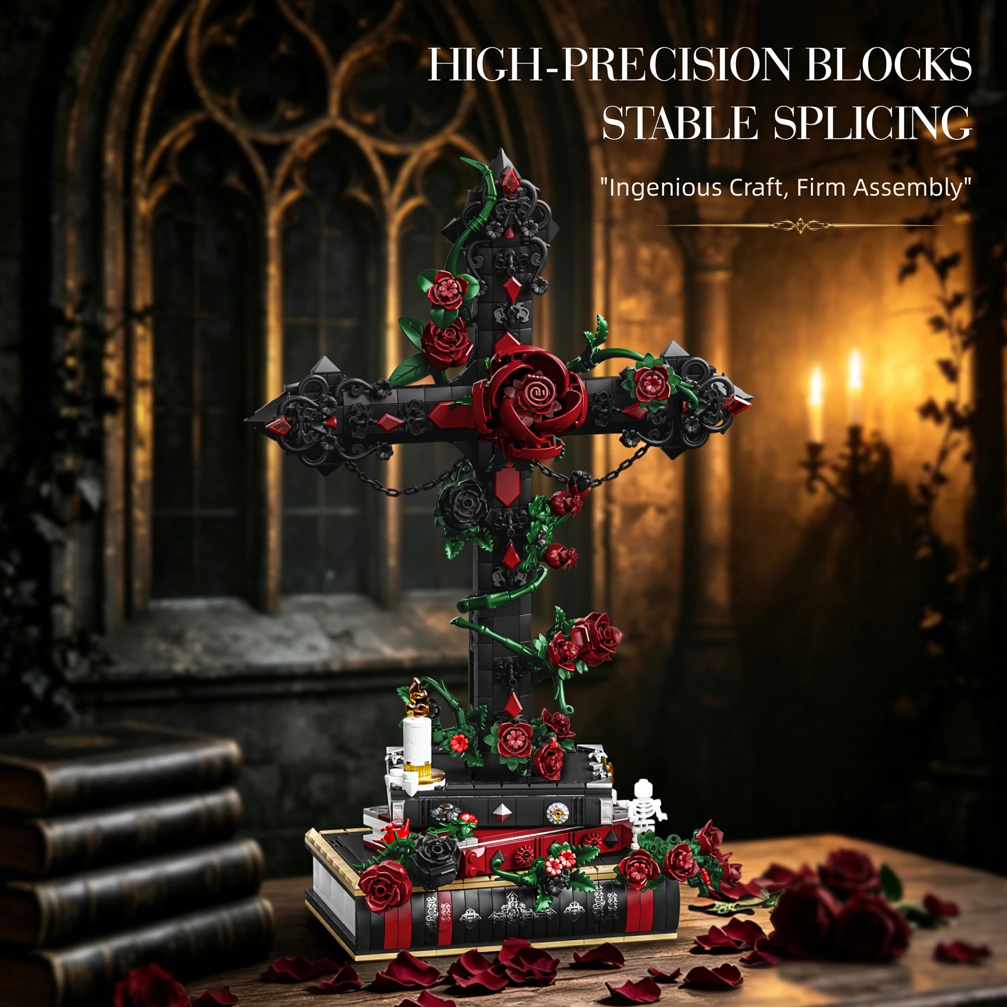 K70005 Juguetes de ensamblaje modelo Gothic Rose Cross, juguetes de bloques de construcción MOC, adorno de escritorio, juguetes educativos, regalo de cumpleaños para adultos