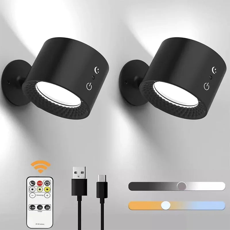 Lámpara Led de pared de doble cabezal con Control remoto táctil, luz nocturna portátil inalámbrica con recarga USB giratoria 360 para lectura de dormitorio