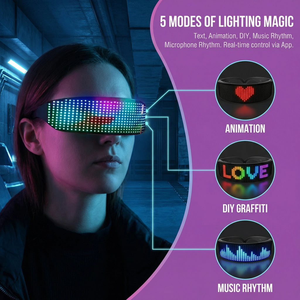 Gafas LED con Control por Aplicación, Lentes Futuristas Luminosas para Fiestas, Bares, Festivales y Espectáculos