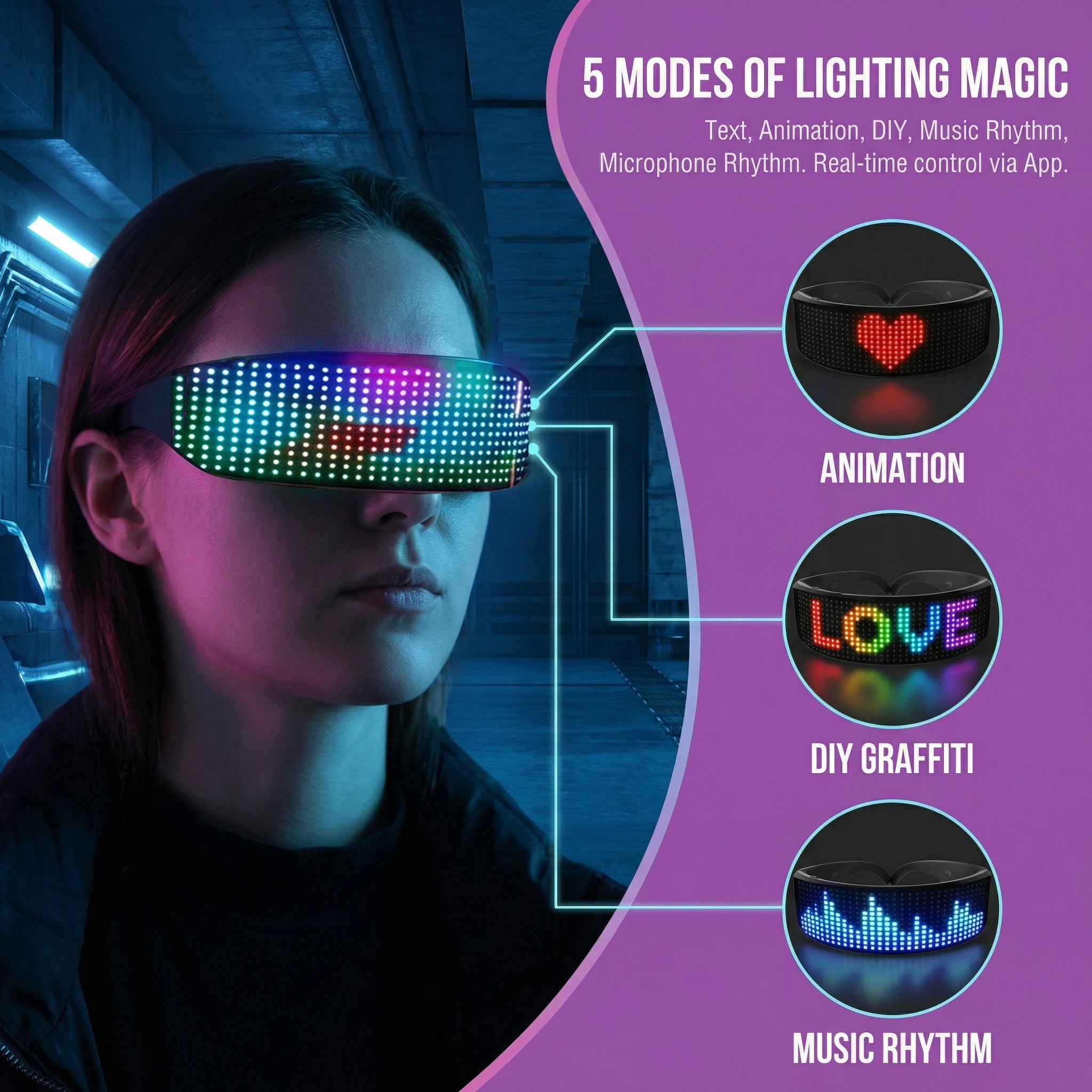Gafas LED con Control por Aplicación, Lentes Futuristas Luminosas para Fiestas, Bares, Festivales y Espectáculos