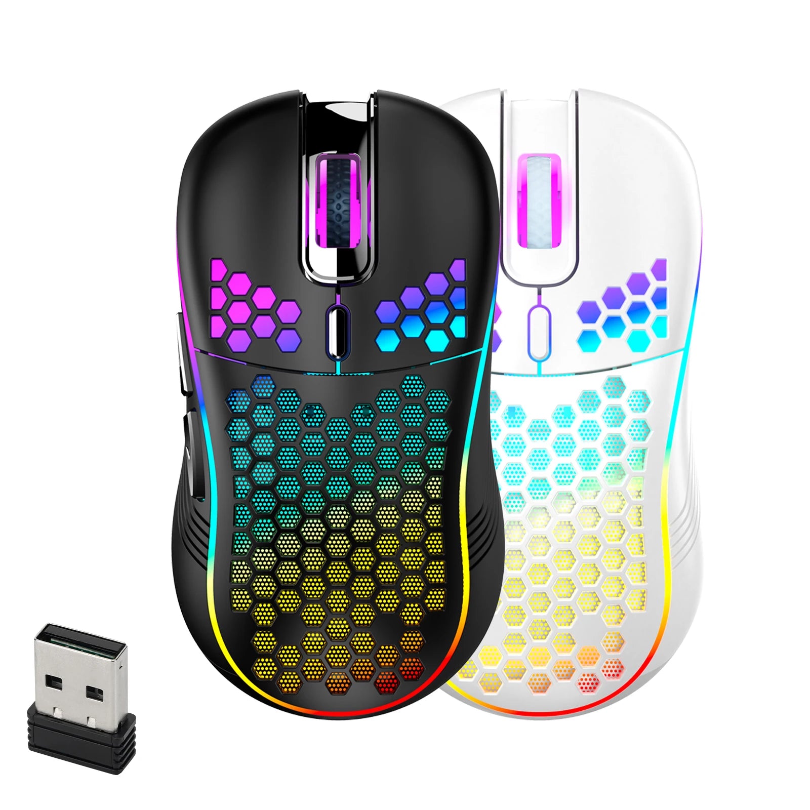 Ratón inalámbrico para juegos Honeycomb 2,4G USB ratón inalámbrico RGB ratón de juego de PC recargable con luces LED, Paracord sin arrastre, Ergon