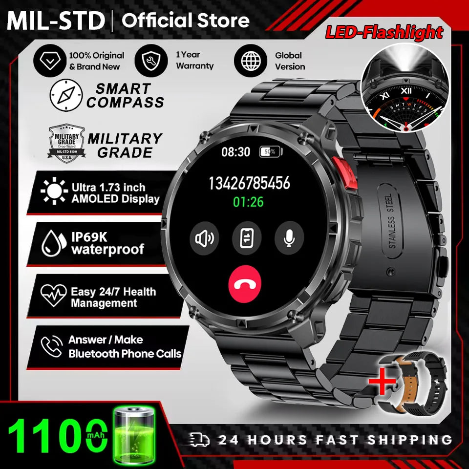 Reloj Inteligente AMOLED 1100mAh con Linterna LED, IP69 y Llamadas Bluetooth