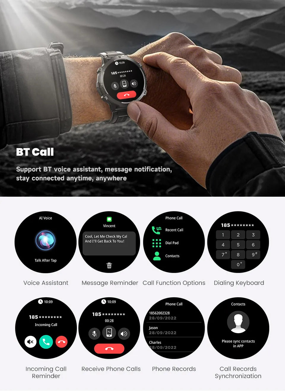 Nuevo reloj inteligente militar T-Rex3 con batería de 1000mAh para hombres, brújula GPS resistente al agua de 10ATM, pantalla AMOLED de 1,73 pulgadas, relojes inteligentes deportivos para llamadas