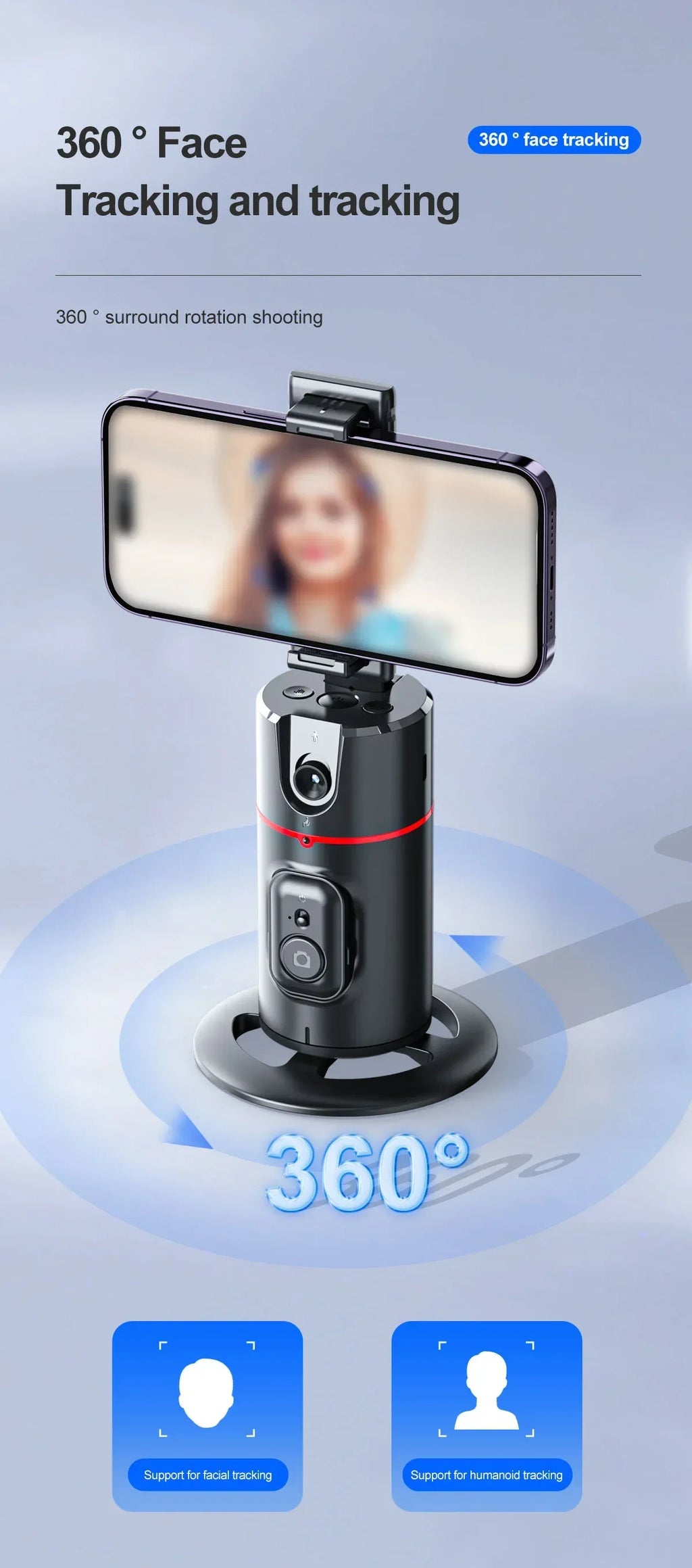 Soporte para Teléfono de Escritorio P02 con Seguimiento Facial 360 °   Gimbal Giratorio Automático para iPhone 16 15 Samsung S23 Xiaomi, Palo Selfie de Mano