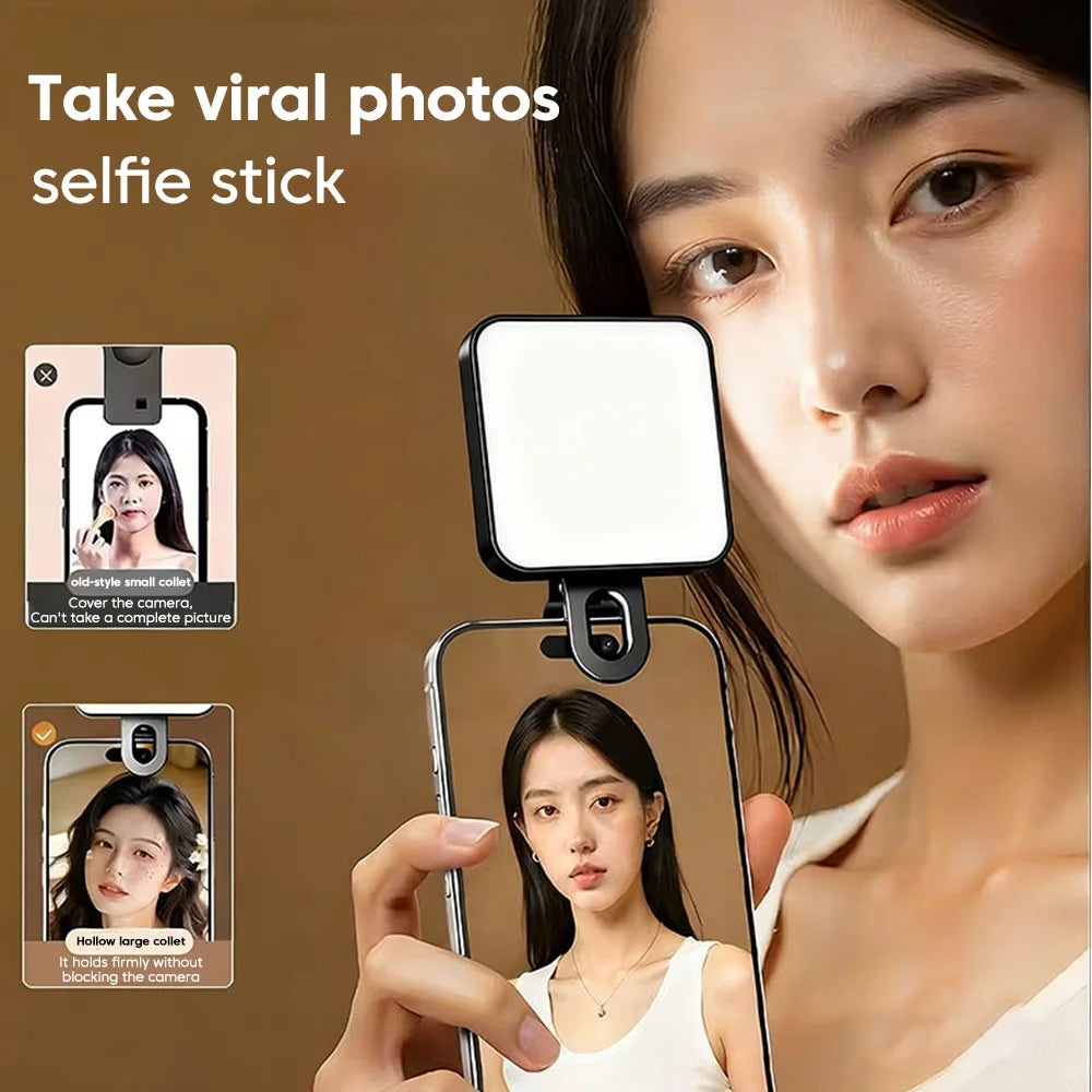 Mini Lámpara LED Portátil con Clip para Selfies, Recargable, 3 Modos, Brillo Ajustable, Apta para Teléfonos Móviles y Computadoras