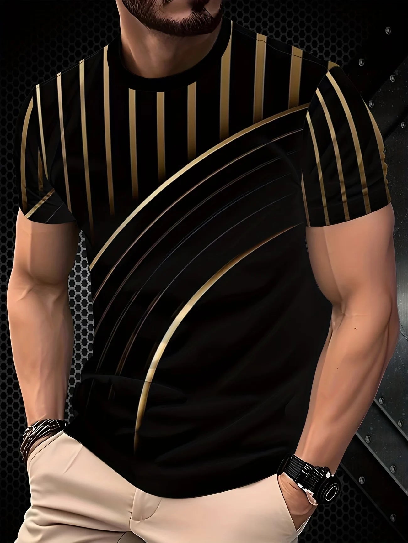Camiseta 3D Degradado para Hombre, Estampado Ondas Turquesa y Dorado