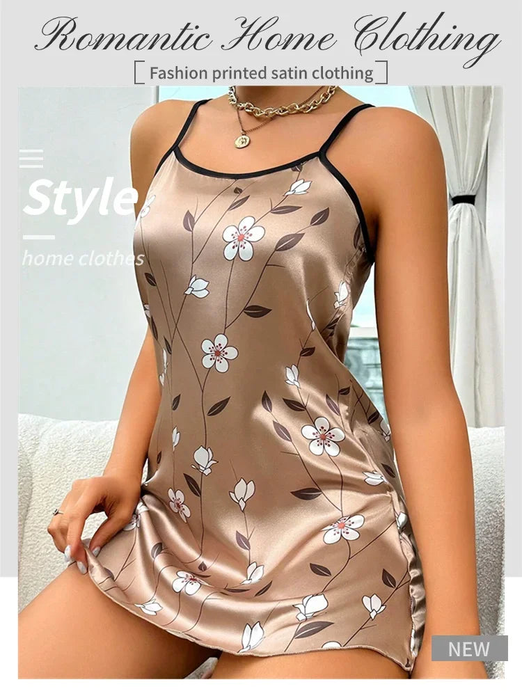 Ropa de dormir para mujer, camisón de satén con estampado Floral de verano, vestido de noche informal sin mangas con espalda descubierta, camisón Sexy, ropa para el hogar