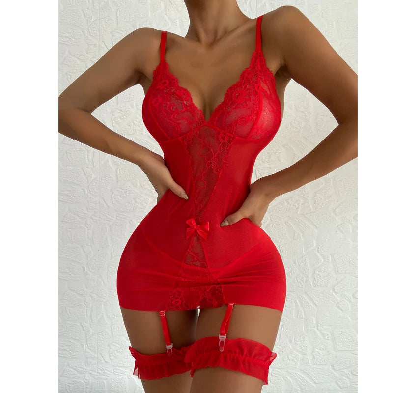 Vestido Transparente con Escote en V y Tanga, Lencería Sexy