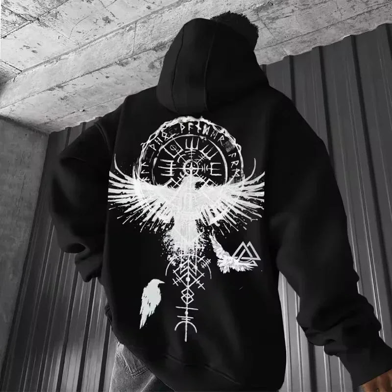 Buzo con Capucha Estampado Vikingo Águila Y2K Hombre