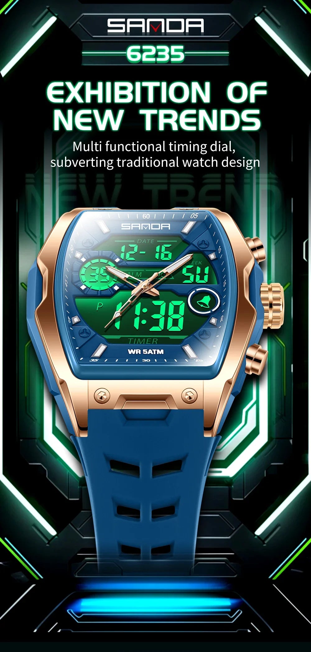 Reloj Deportivo Digital SANDA 6235 para Hombre con LED y Pantalla Dual