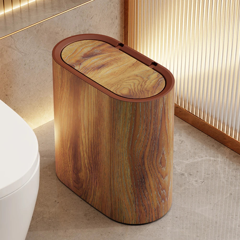 Cubo de basura delgado con tapa para baño y cocina, diseño mármol y madera