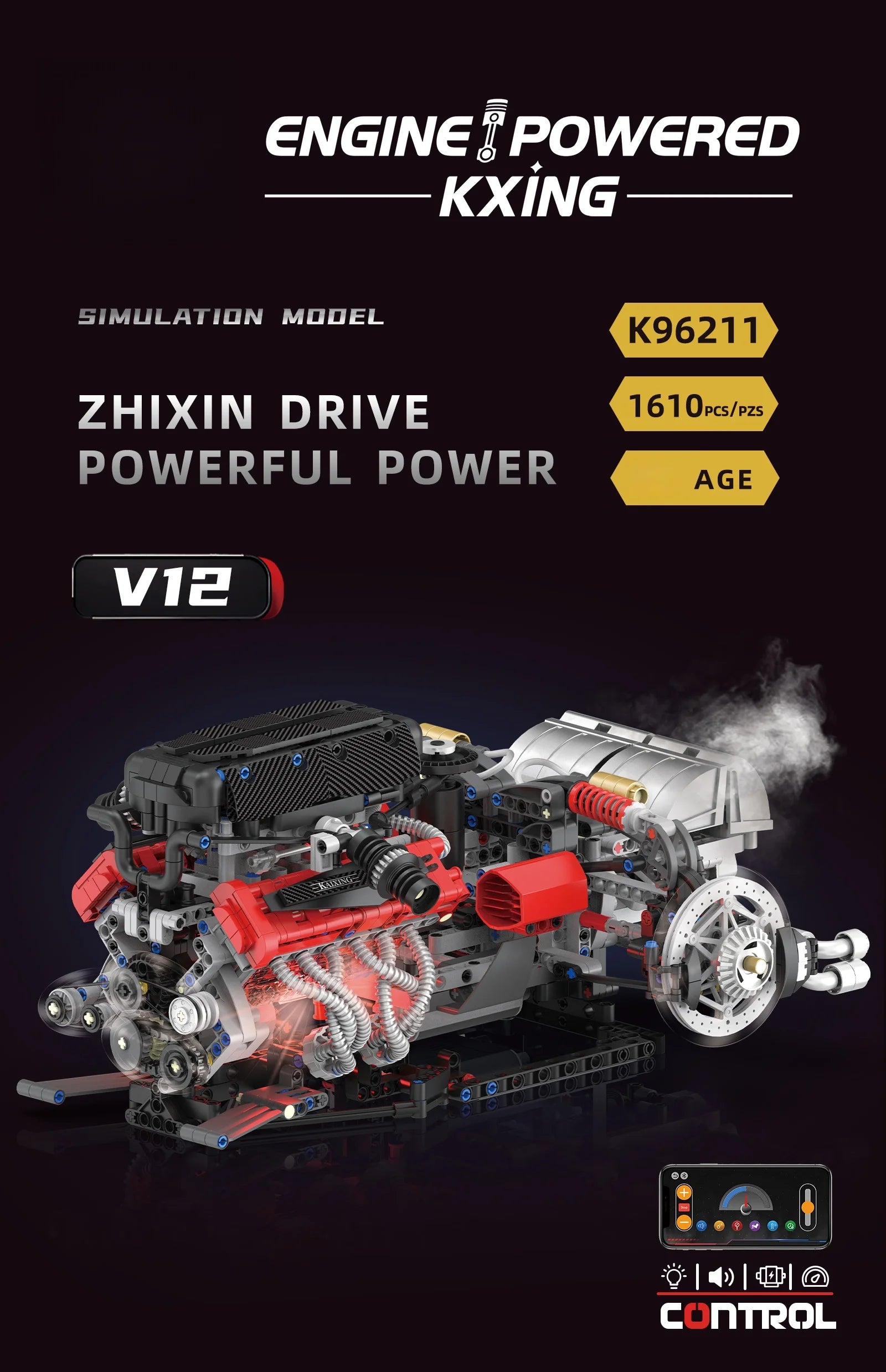 Juego de modelos de ensamblaje de bloques de construcción de motor V12 de 1610 Uds.-Kit MOC programable con control remoto por aplicación con luces y pulverización