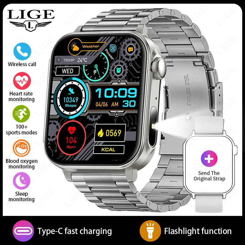 Smartwatch LIGE con llamadas Bluetooth, monitor de salud y carga rápida tipo C