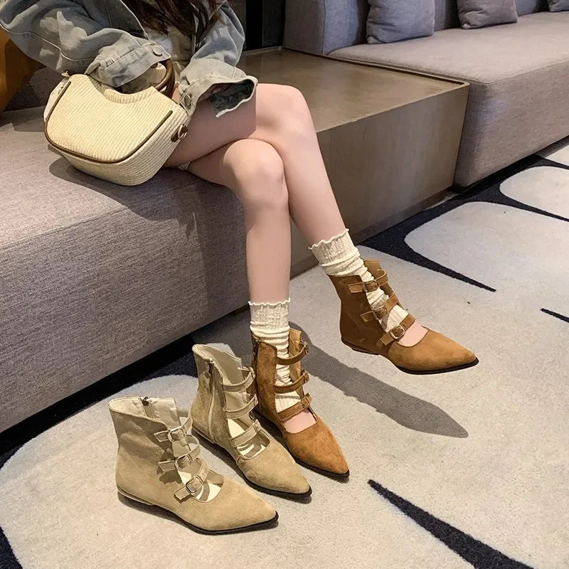 Botines de mujer en ante con hebillas y cremallera, estilo retro occidental